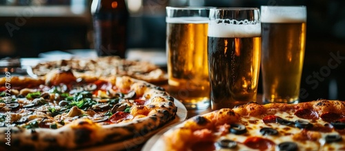 Diverse pizza selection and beer glasses on table in cozy restaurant setting with blurred background, inviting ambiance photo