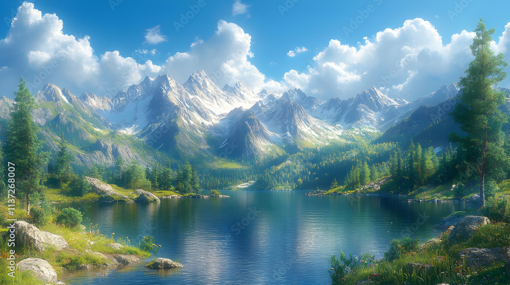 Obraz premium Serene Mountain Lake with Evergreen Trees - 3D Illustration