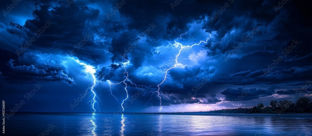 Stormy Sky Over Ocean with Lightning Bolts and Serene Water Reflection, Serene and Dramatic Nature Scene Stormy Sky Over Ocean with Lightning Bolts and Serene Water Reflection, Serene and Dramatic Nature Scene