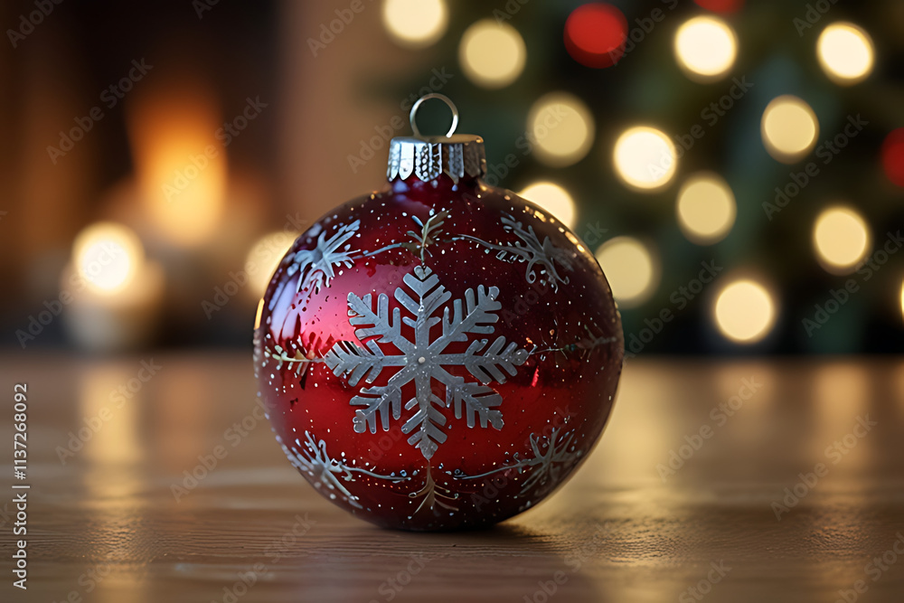 A Single Red Christmas Ornament with Snowflake Design, Festive Bokeh Background, Holiday Decoration A Single Red Christmas Ornament with Snowflake Design, Festive Bokeh Background, Holiday Decoration