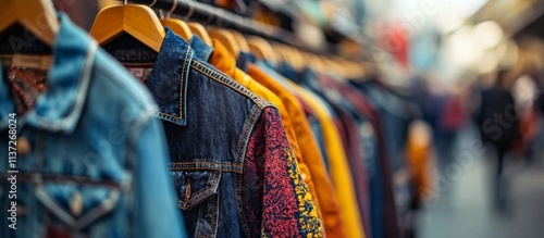 Variety of vibrant denim jackets on display in a fashionable store with a cozy, casual atmosphere and blurred street background photo