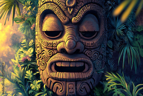 A carved wooden mask surrounded by lush greenery, evoking a sense of mystery and nature.