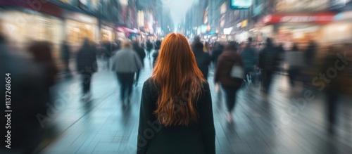 Night scene of a bustling city street with a focus on a young woman with red hair in a black coat