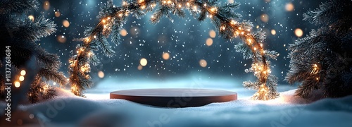 A festive podium placed under an arch of twinkling lights, with soft snow falling around and an enchanting winter landscape