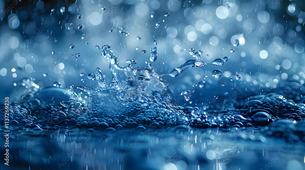 Water Droplets Splashing on a Blue Surface, Realistic Photo Water Droplets Splashing on a Blue Surface, Realistic Photo