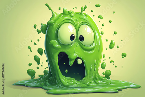 A cartoonish green slime character with big eyes and an expressive mouth, splattering around. photo