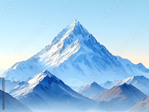 A breathtaking view of a majestic snow-capped mountain peak under a clear blue sky, creating a serene and awe-inspiring landscape that showcases nature's grandeur. photo