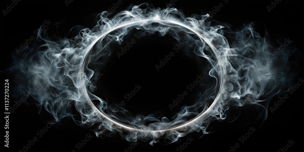 Naklejka premium Circular black smoke ring on background, smoke, ring, circular, black,background, abstract, shape, dark, design, isolated, effect