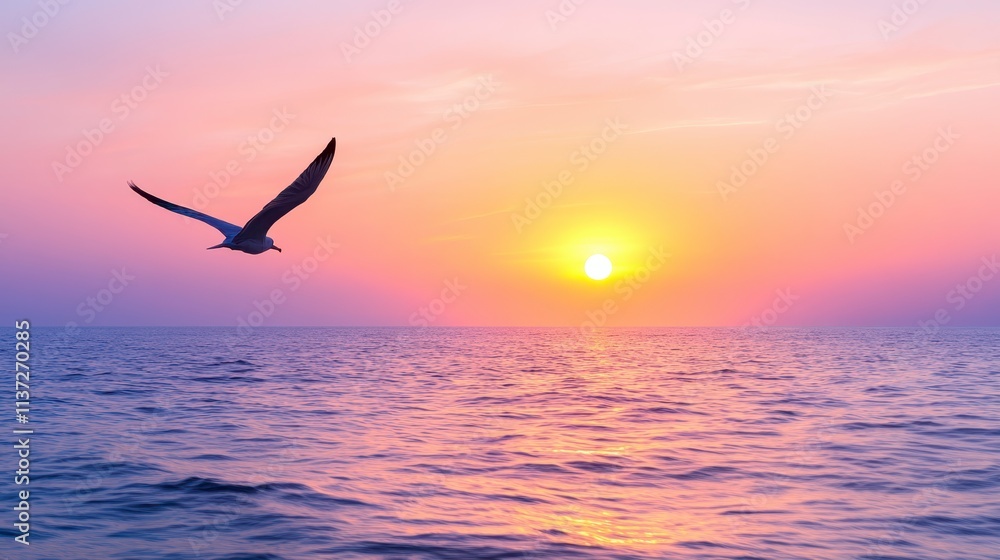 Fototapeta premium Serene Sunset Bird in Flight over Ocean Peaceful Seascape