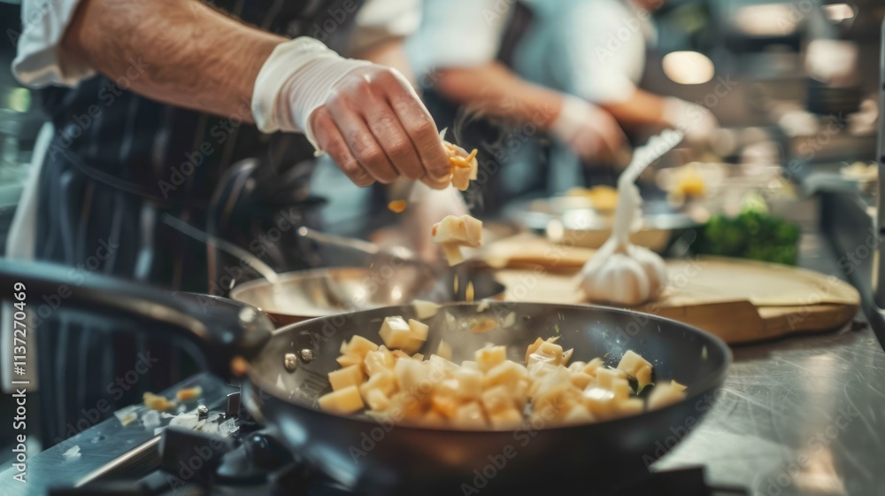 Chef Adding Ingredients to a Frying Pan Chef Adding Ingredients to a Frying Pan