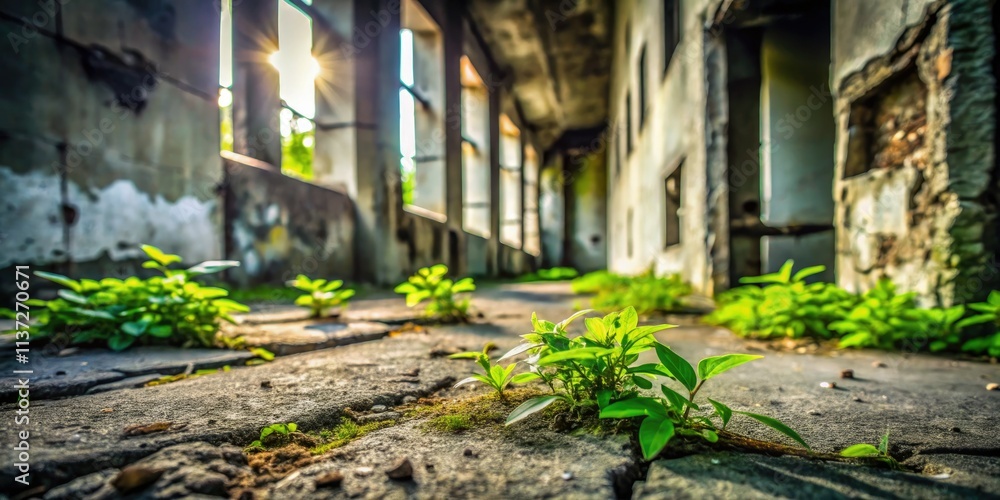 Fototapeta premium Overgrown ruins whisper forgotten stories, vibrant green life against decaying concrete, a photographer's urban exploration.
