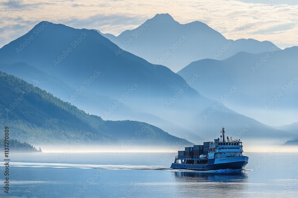 Cargo Ship Sailing Through Misty Fjord Mountains Cargo Ship Sailing Through Misty Fjord Mountains