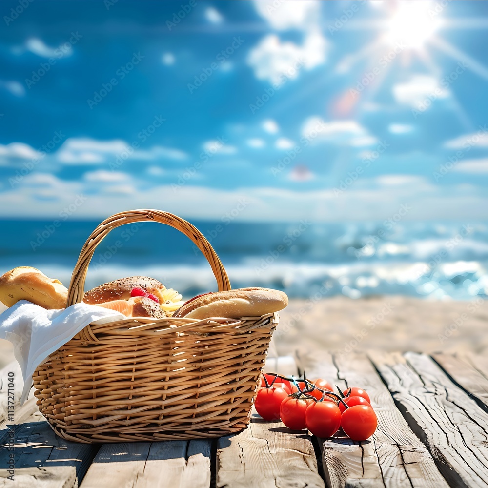 Picnic basket with bread and vegetables on a wooden table on the background of the sea Picnic basket with bread and vegetables on a wooden table on the background of the sea