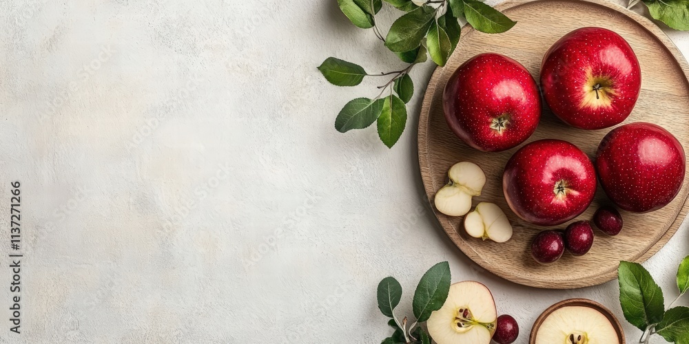 Fresh Red Apples on a Wooden Plate with Green Leaves Against a Light Textured Background for Culinary and Food Photography Needs Fresh Red Apples on a Wooden Plate with Green Leaves Against a Light Textured Background for Culinary and Food Photography Needs