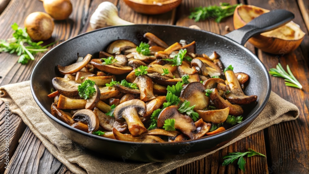 Close-up of sauteed wild mushrooms in a skillet , food, cooking, gourmet, vegetarian, culinary, fresh, organic, ingredients, pan Close-up of sauteed wild mushrooms in a skillet , food, cooking, gourmet, vegetarian, culinary, fresh, organic, ingredients, pan