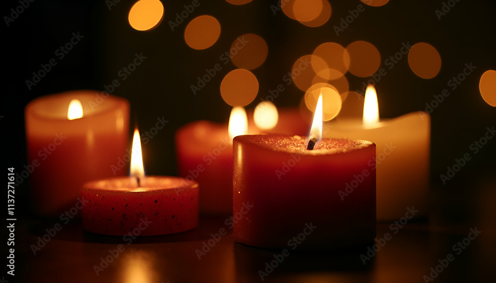 Advent Candles Glowing in Darkness with Glittering Flames and Bokeh Lights Advent Candles Glowing in Darkness with Glittering Flames and Bokeh Lights