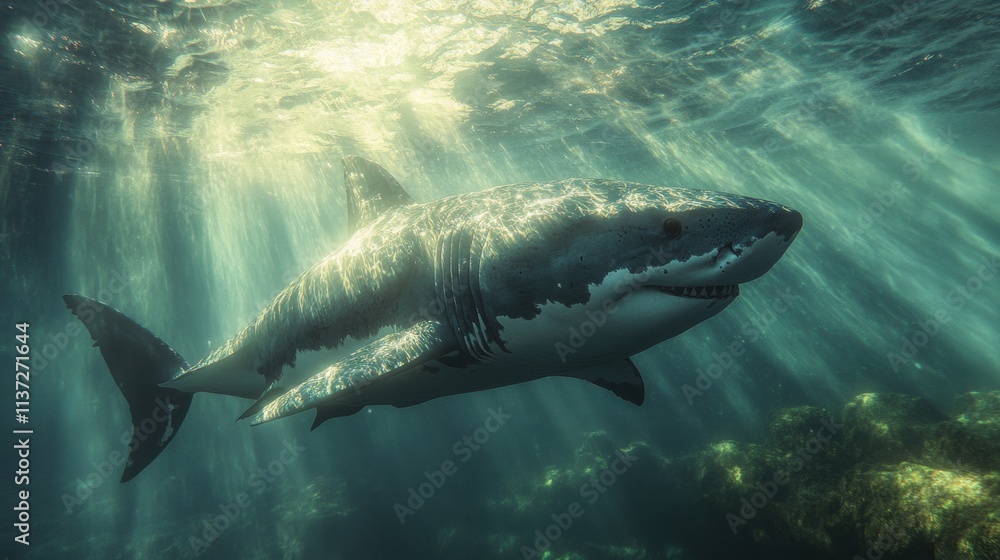 Fototapeta premium Great White Shark Underwater with Sunbeams