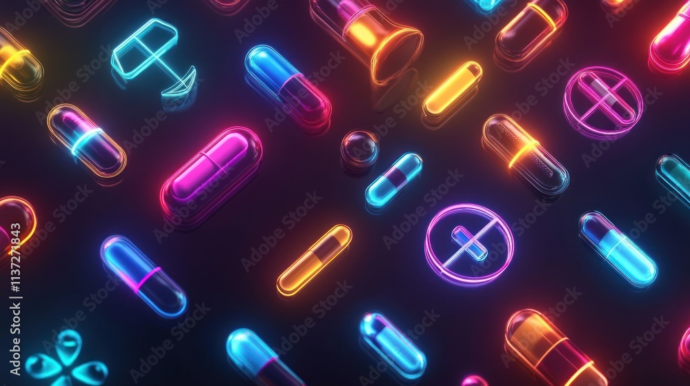 Neon capsules and medical symbols. Neon capsules and medical symbols.