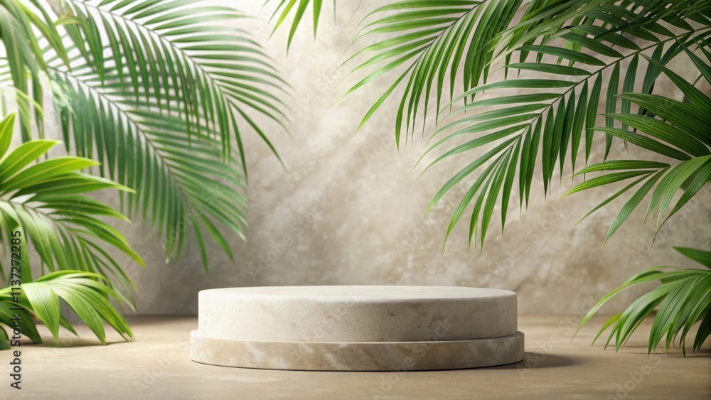 Natural stone podium with palm leaves shadow backdrop for cosmetic product display, minimalist, beauty, trendy, rendering Natural stone podium with palm leaves shadow backdrop for cosmetic product display, minimalist, beauty, trendy, rendering