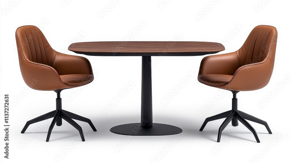 Fototapeta premium Modern Brown Leather Chairs Wooden Table Set