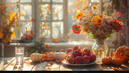 Autumnal Still Life with Pumpkins and Flowers