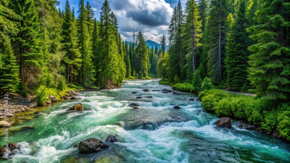 Rushing river flowing through lush evergreen forest, nature, landscape, water, trees, forest, stream, flow, green Rushing river flowing through lush evergreen forest, nature, landscape, water, trees, forest, stream, flow, green