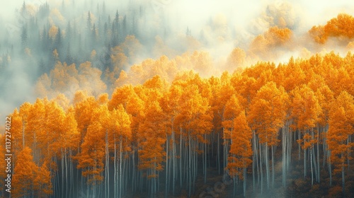 Misty autumn landscape with golden aspen trees on a hillside.