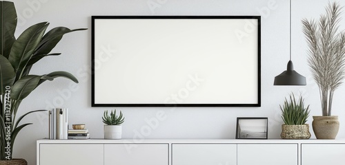 Black frame suspended above a minimalist white sideboard, ready for text or artwork placement.