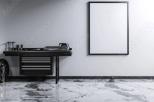 Fototapeta Naklejka Na Ścianę i Meble -  Functional garage area with a sleek tool bench and vertical poster frame placed on resilient marble floor, merging practicality with modern design.