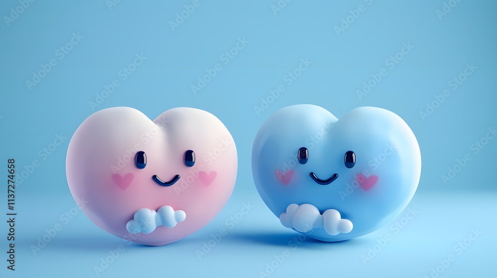 Two happy heart shaped cartoon characters with cute faces, pink and blue, on a light blue background. Two happy heart shaped cartoon characters with cute faces, pink and blue, on a light blue background.