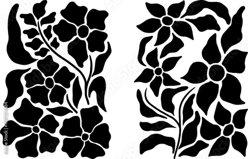 Abstract flowers and geometric shapes black silhouette set. Matisse inspired art vector illustration. photo