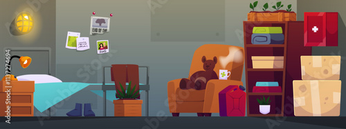 Underground bunker bedroom room interior, vector cartoon basement hopper shelter, closet storage, bed, potted plants