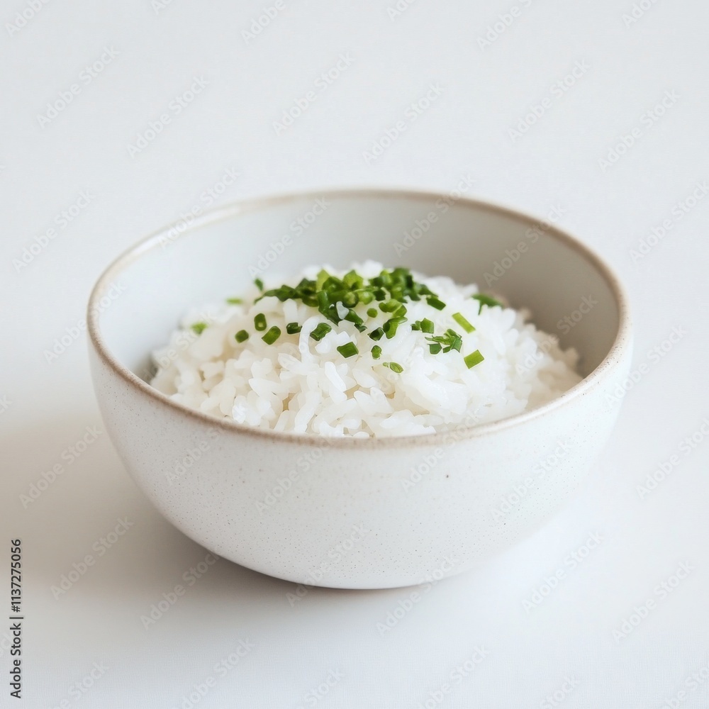 A minimalist bowl of plain rice with a light sprinkle of chopped chives, served in a simple white ceramic bowl, Rice centered A minimalist bowl of plain rice with a light sprinkle of chopped chives, served in a simple white ceramic bowl, Rice centered
