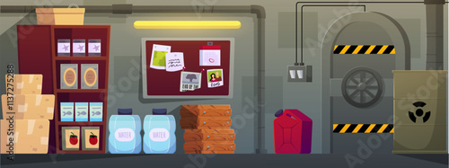 Underground bunker stocks storage interior, vector cartoon illustration of shelter room with hopper door, canned food