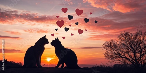 Two cats sitting on a hillside at sunset, with hearts in the sky above them