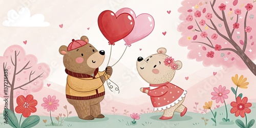 A cartoon of two bears holding a red heart balloon