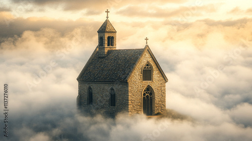 church emerging from the clouds symbolizes spiritual elevation, purity, and divine connection, representing transcendence and a higher connection with the divine amidst chaos photo