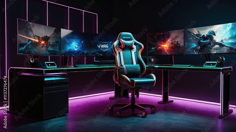 L-shaped gaming desk with customizable RGB lighting, ultra-modern gaming PC, and glowing peripherals in high-detail 3D rendering style. L-shaped gaming desk with customizable RGB lighting, ultra-modern gaming PC, and glowing peripherals in high-detail 3D rendering style.
