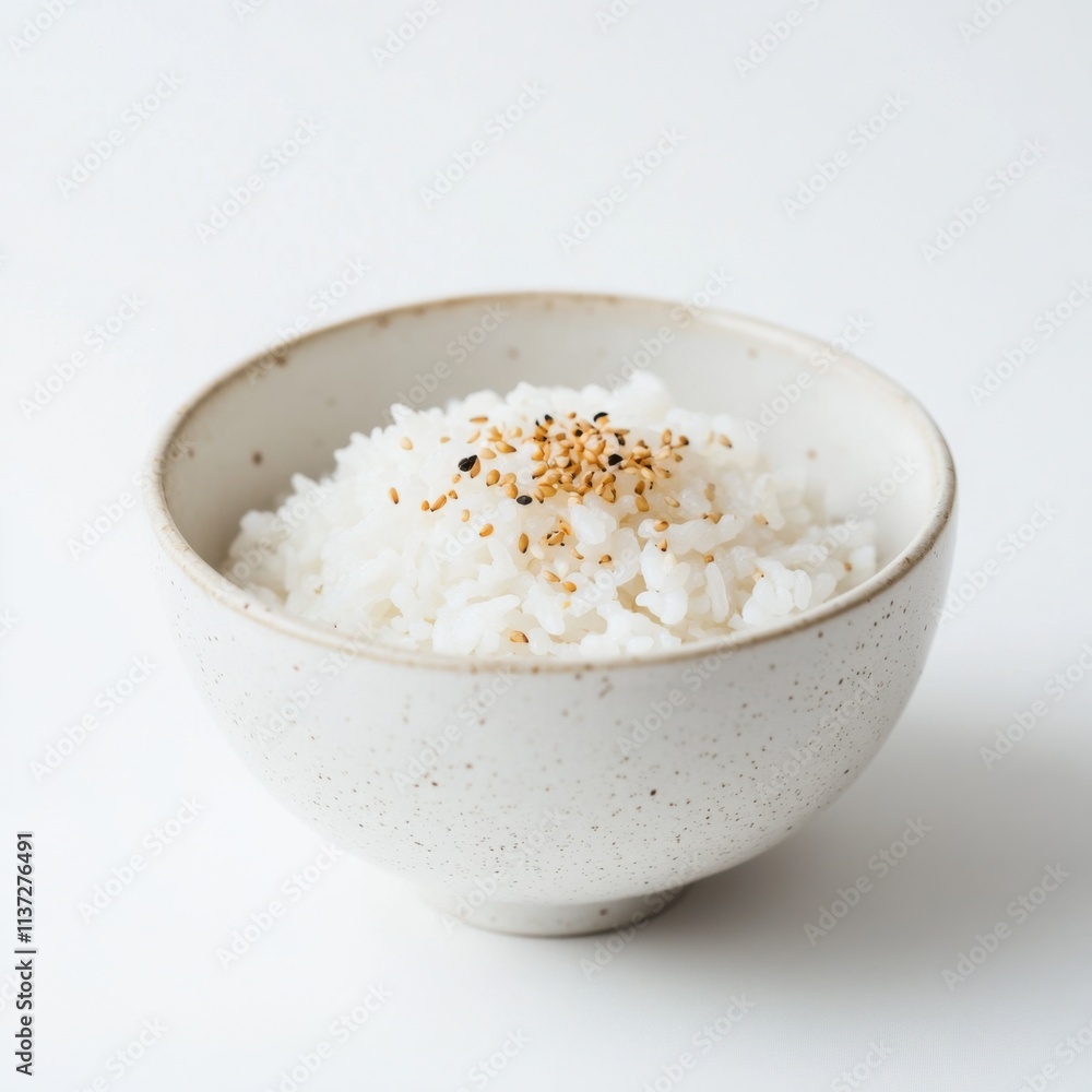 A minimalist bowl of plain white rice with a light drizzle of soy sauce and a sprinkle of sesame seeds, served in a simple white ceramic bowl, White rice centered A minimalist bowl of plain white rice with a light drizzle of soy sauce and a sprinkle of sesame seeds, served in a simple white ceramic bowl, White rice centered