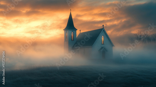 church emerging from the clouds symbolizes spiritual elevation, purity, and divine connection, representing transcendence and a higher connection with the divine amidst chaos photo