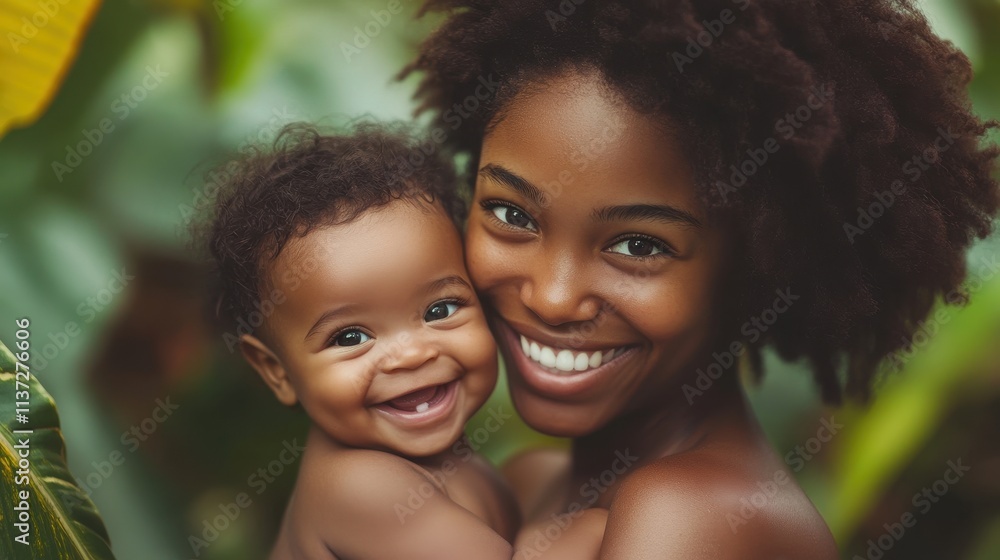 Fototapeta premium Happy African American mother lovingly embraces her baby. This image conveys unconditional love and the strong bond between parent and child.