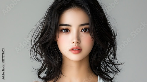 Modern beauty photography showcasing Asian model, dynamic hair composition, pristine white top, minimalist gray environment. Ultra-Realistic, Photo Realistic, highly detailed, 