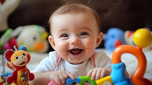 A joyful baby smiles while playing with colorful toys, showcasing happiness and innocence in a lively environment.
