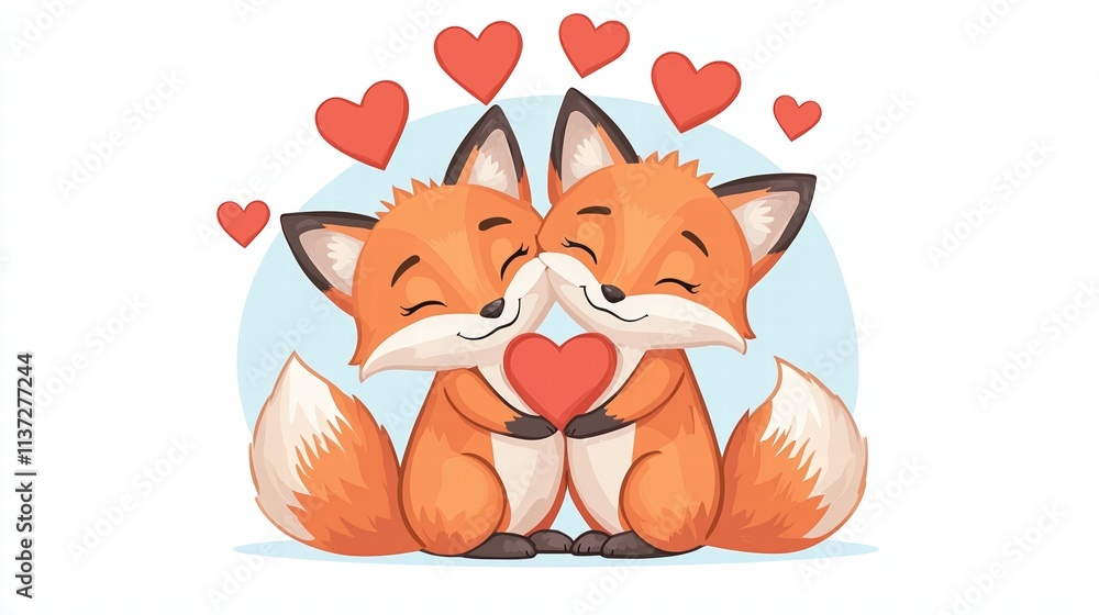 Naklejka premium Valentine's day celebration with adorable foxes cute background whimsical illustration heartfelt environment playful viewpoint love concept