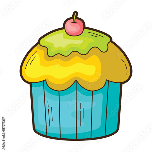 Delicious cupcake with yellow icing and a cherry on top. Suitable for bakery menus, dessert recipes, or food blogs