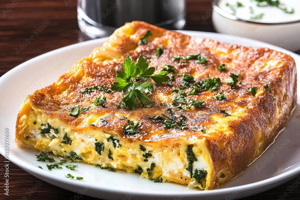 Delicious spinach and cheese frittata garnished with parsley, perfect for breakfast or brunch. Delicious spinach and cheese frittata garnished with parsley, perfect for breakfast or brunch.