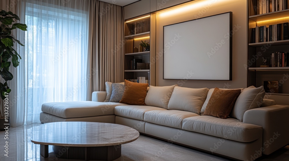 Fototapeta premium Modern Living Room Interior Design: Beige Sectional Sofa, Marble Coffee Table, Bookshelves, and Large Blank Canvas