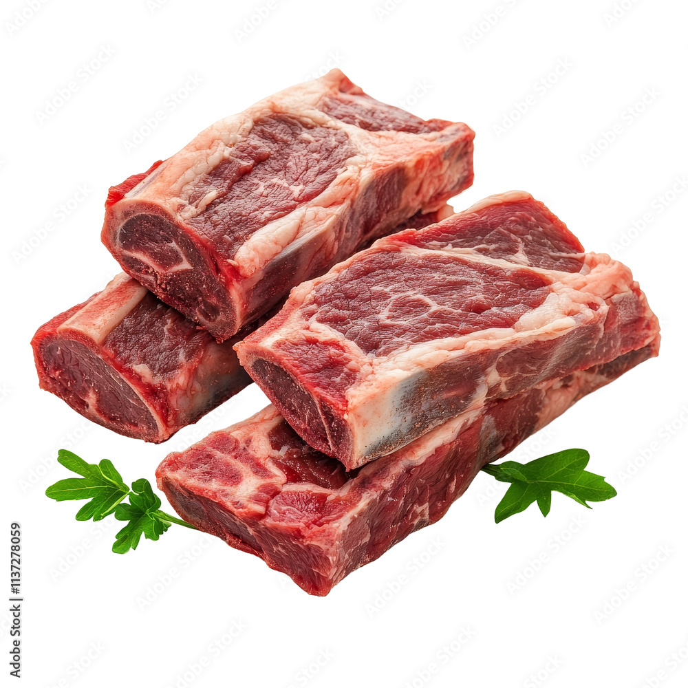 Obraz premium Freshly chopped raw beef ribs arranged on a transparent background, ready for cooking or grilling at any time, Isolated chopped fresh raw beef ribs meat