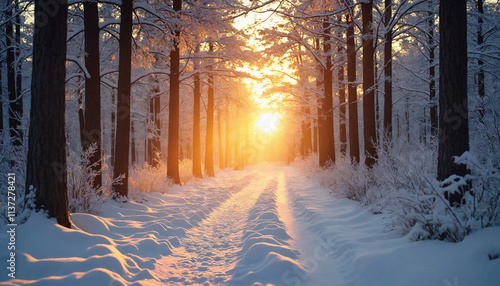 Beautiful winter landscape with a sun setting behind snow-covered trees in a tranquil forest