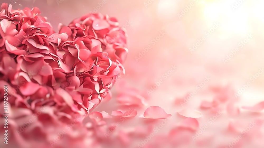 Fototapeta premium Falling Rose Petals Create a Heart Shape Against a Pastel Pink Backdrop Symbolizing Love